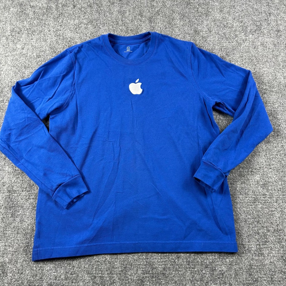 Apple Shirt Women Large Blue Long Sleeve Cotton Pique Employee Uniform Tech Logo